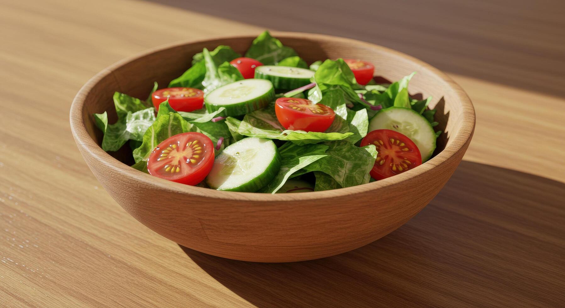 A fresh vegetable salad with mixed greens, cucumbers, cherry tomatoes, and a light vinaigrette dressing, arranged in a rustic bowl on a wooden table. photo