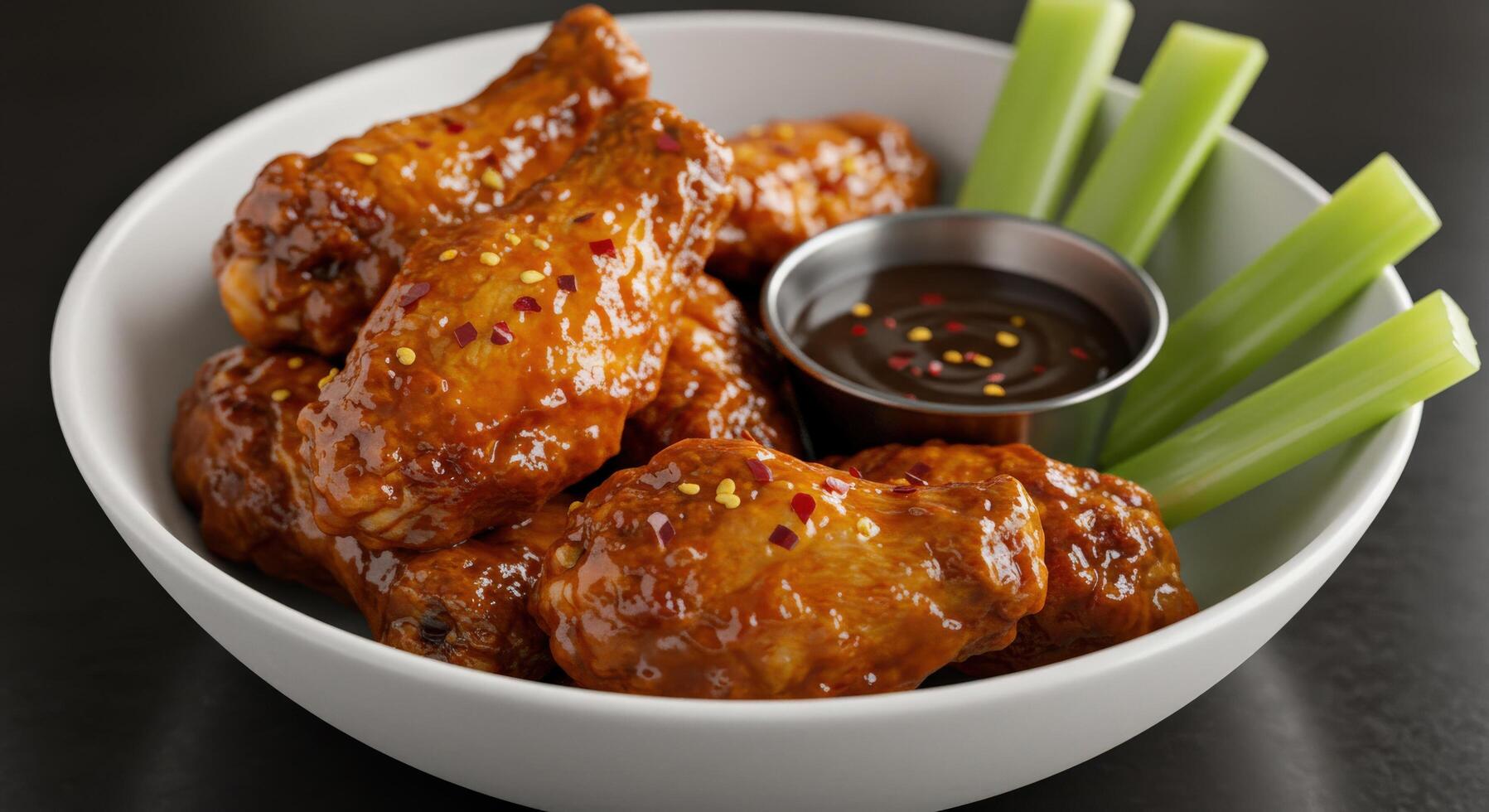 A bowl of spicy chicken wings served with a side of dipping sauce and celery sticks. photo