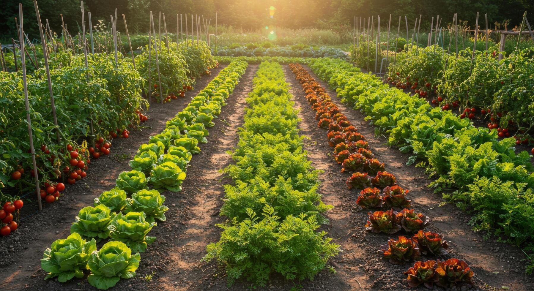 A vegetable garden with various crops like tomatoes, lettuce, and carrots growing in neat rows under the sun, ready for harvest. photo