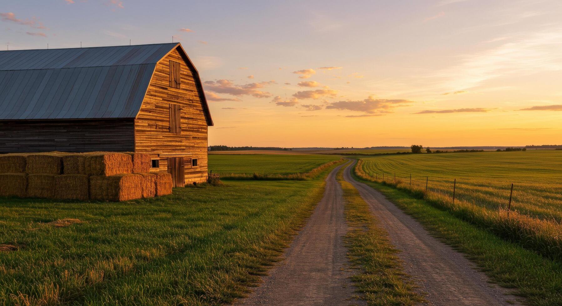 A barn with hay bales stacked outside, surrounded by fields and a scenic rural backdrop. photo