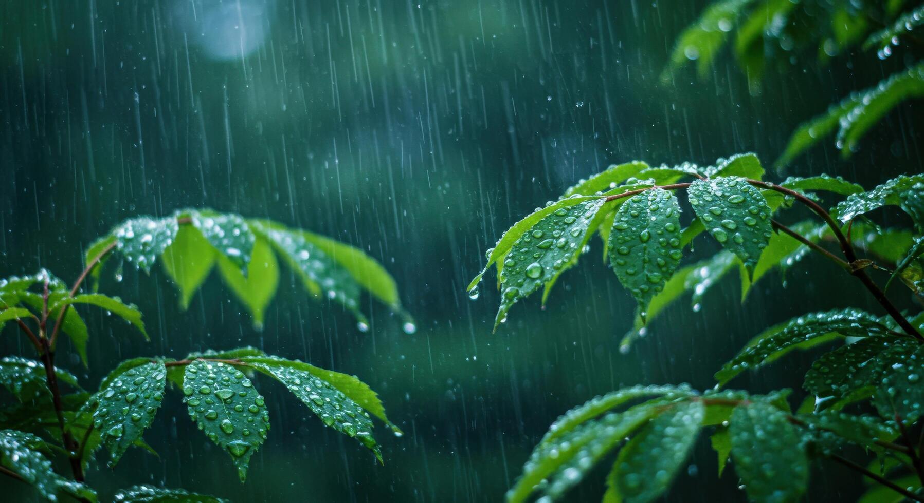 A peaceful scene of rain gently falling on a lush forest, with drops visible on leaves. photo