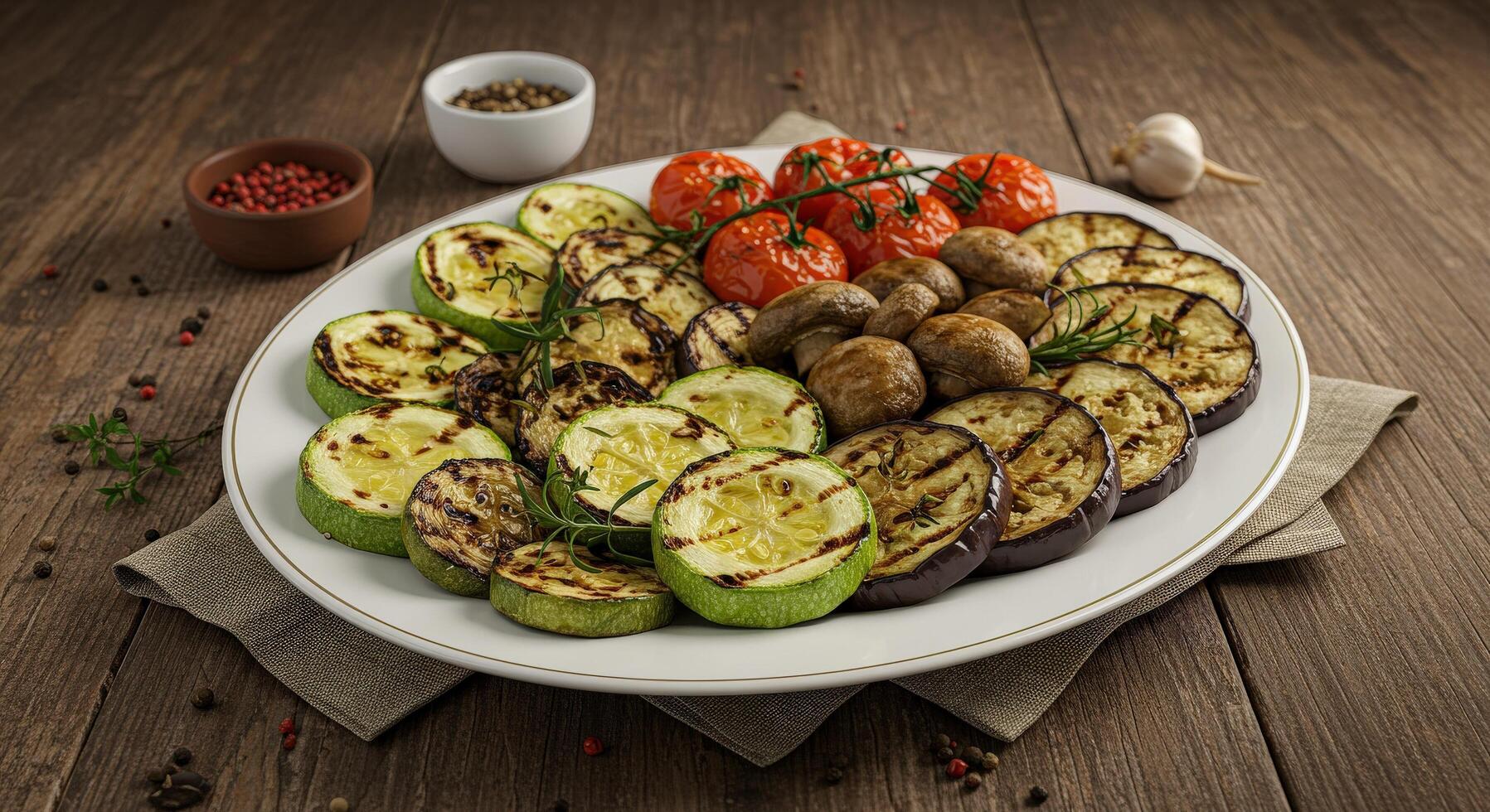 A farm to table style vegetable platter with an assortment of grilled vegetables like zucchini, eggplant, and mushrooms, arranged artfully on a rustic wooden table. photo
