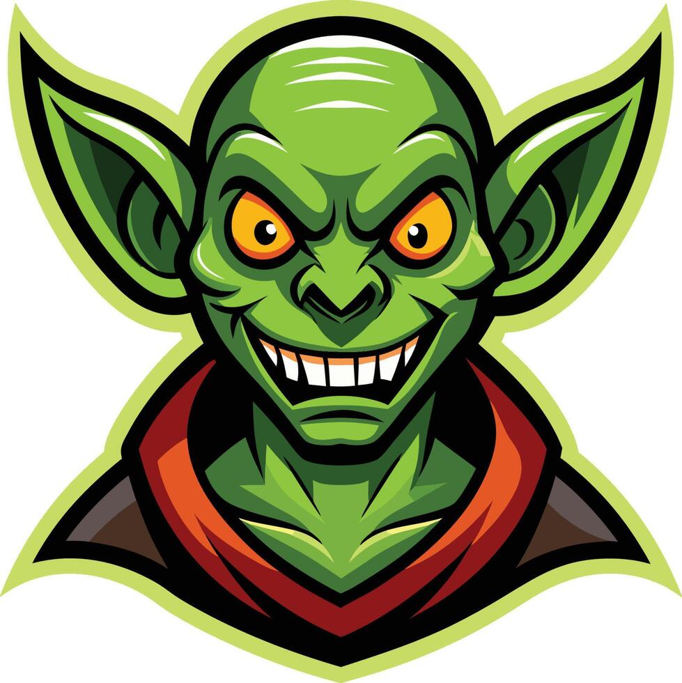 cartoon goblin, green skin, large pointed ears, yellow glowing eyes, menacing grin, sharp teeth, evil expression, fantasy character vector