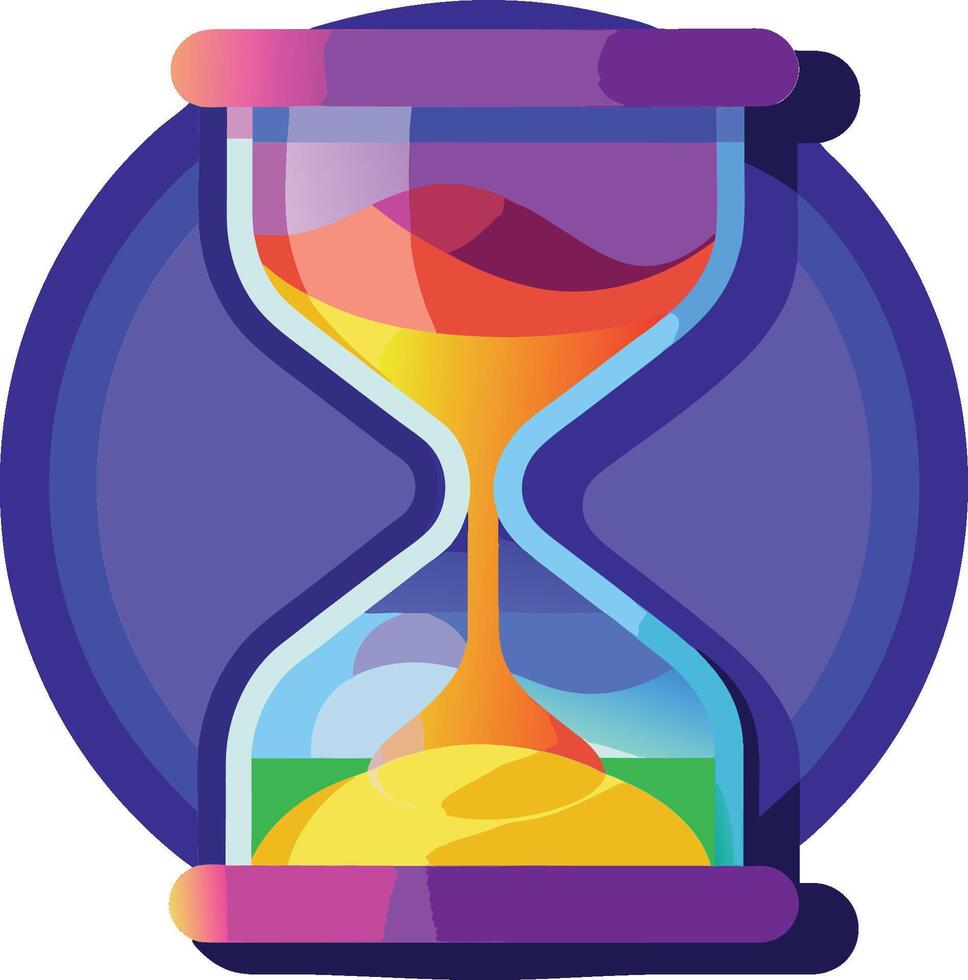 Colorful hourglass icon, vibrant gradient sand, abstract geometric design, smooth curves, purple background, digital illustration vector