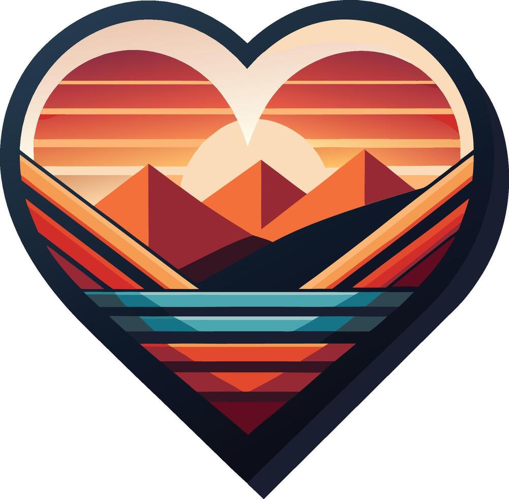 Heart-shaped landscape, geometric mountains, sunset sky, vibrant gradients, minimalist art style, striped patterns, warm colors vector