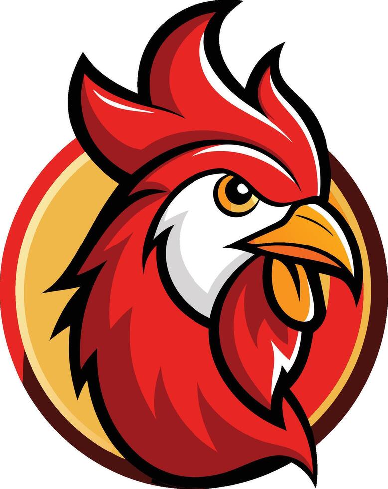 Stylized rooster logo, vibrant red feathers, fierce yellow eye, sharp orange beak, circular emblem, bold graphic design vector