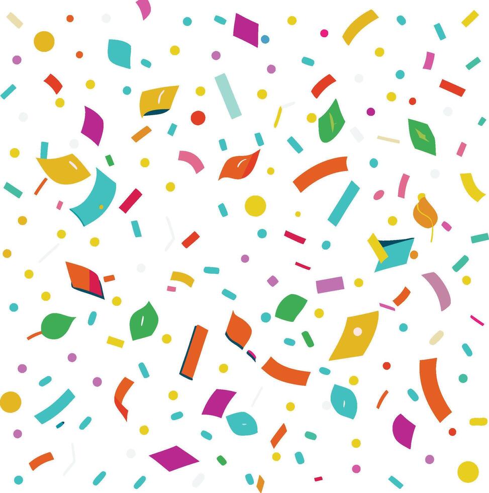 background, vibrant geometric shapes, scattered paper fragments, joyful party design, multi-colored dots and strips, dynamic composition vector