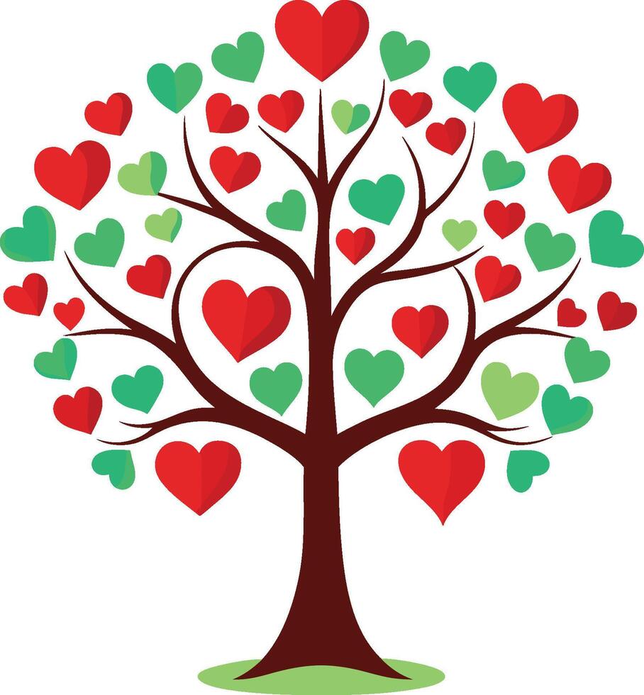 Tree of love, stylized illustration, red and green heart leaves, brown branches, white background, symmetrical design vector