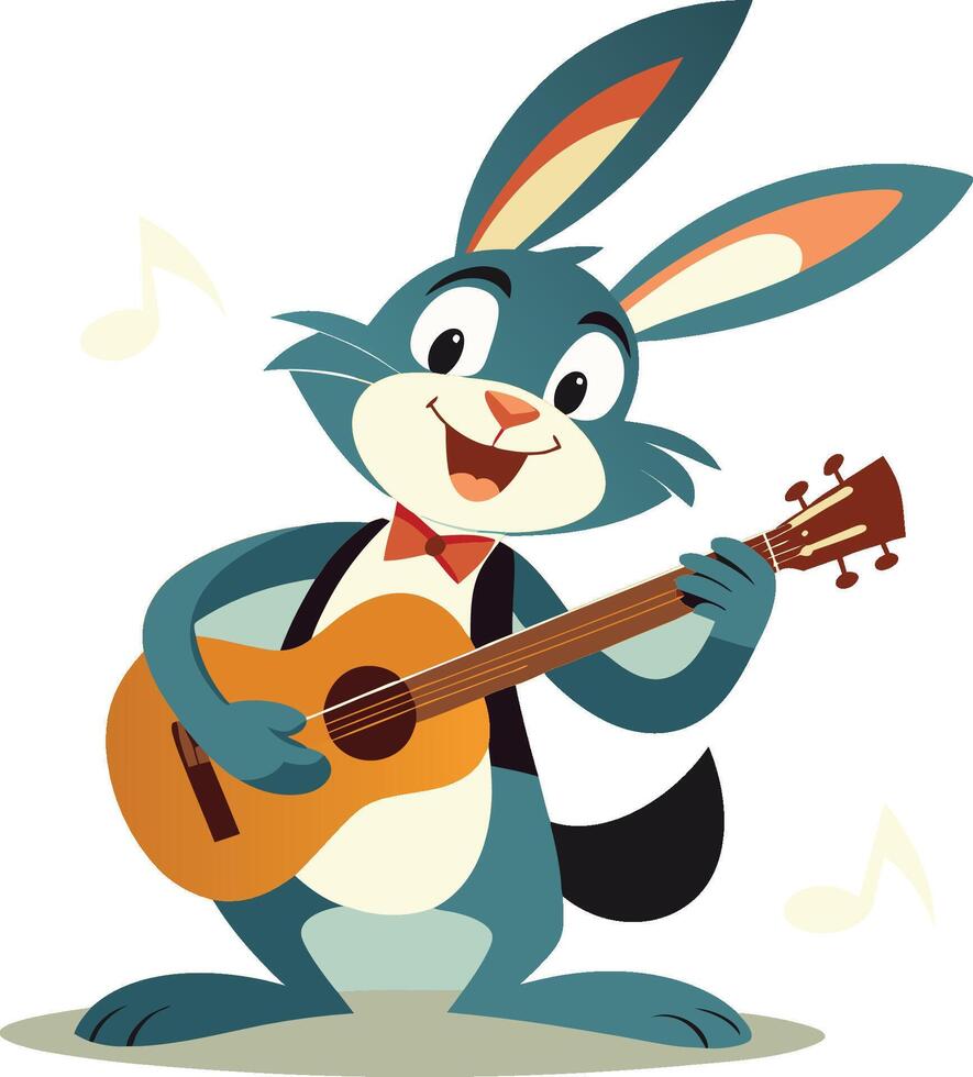 Cartoon rabbit, playing acoustic guitar, smiling, colorful ears, red bowtie, musical notes, cheerful expression vector