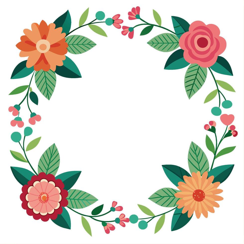 Floral wreath illustration, colorful flowers, orange and pink blooms, green leaves, botanical design, circular composition vector