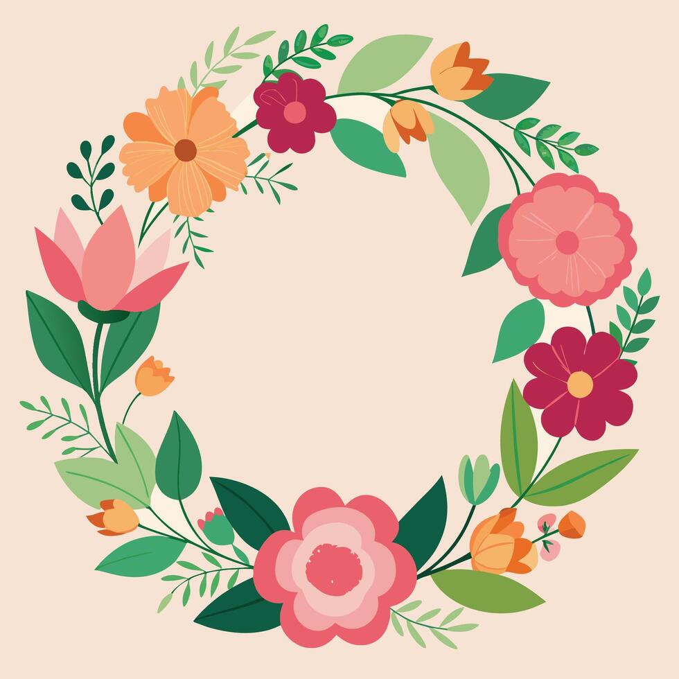 Floral wreath illustration, colorful flowers, pastel background, 2D art, spring theme, decorative border vector