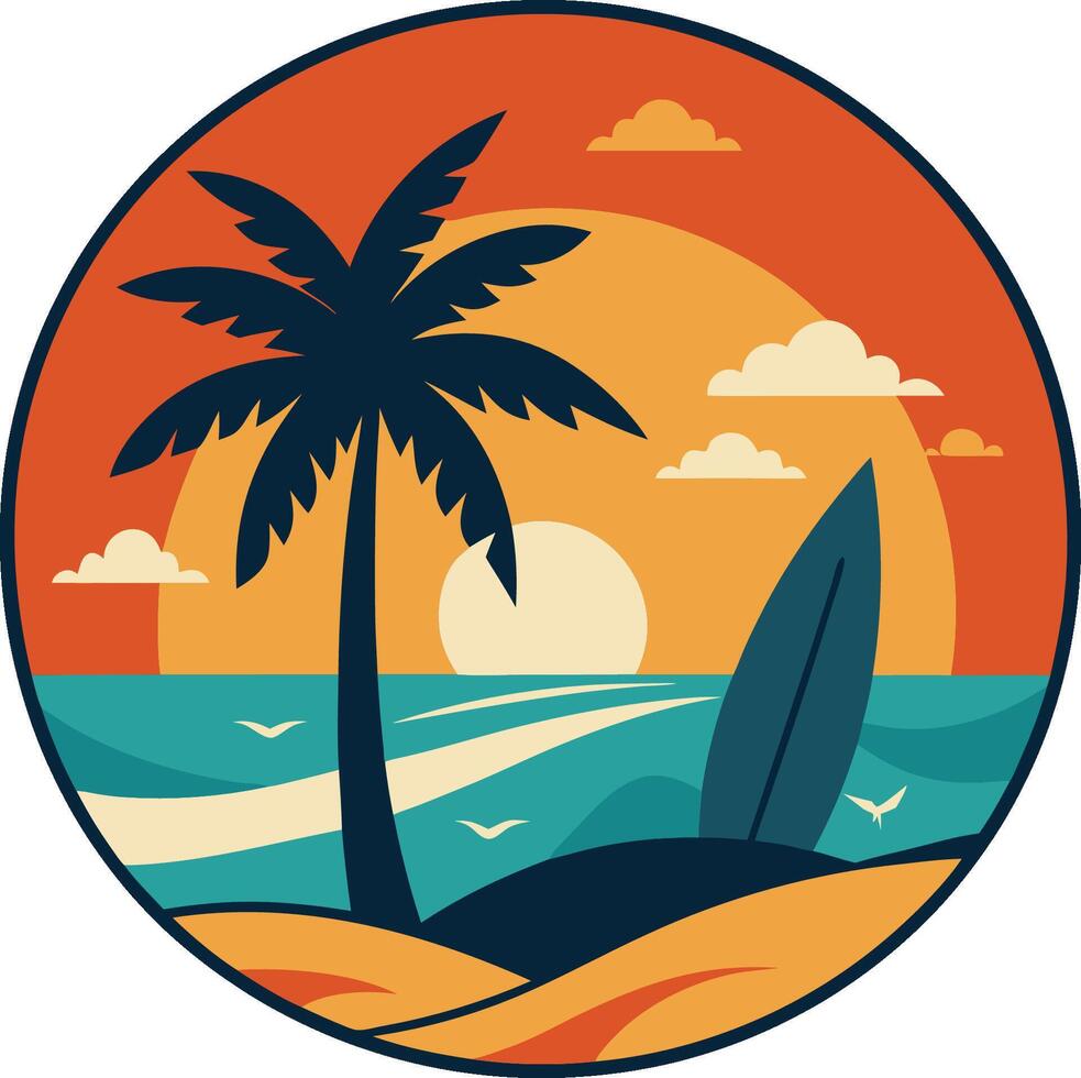 Retro beach sunset, circular composition, palm tree silhouette, surfboard, ocean waves, seagulls, stylized clouds vector