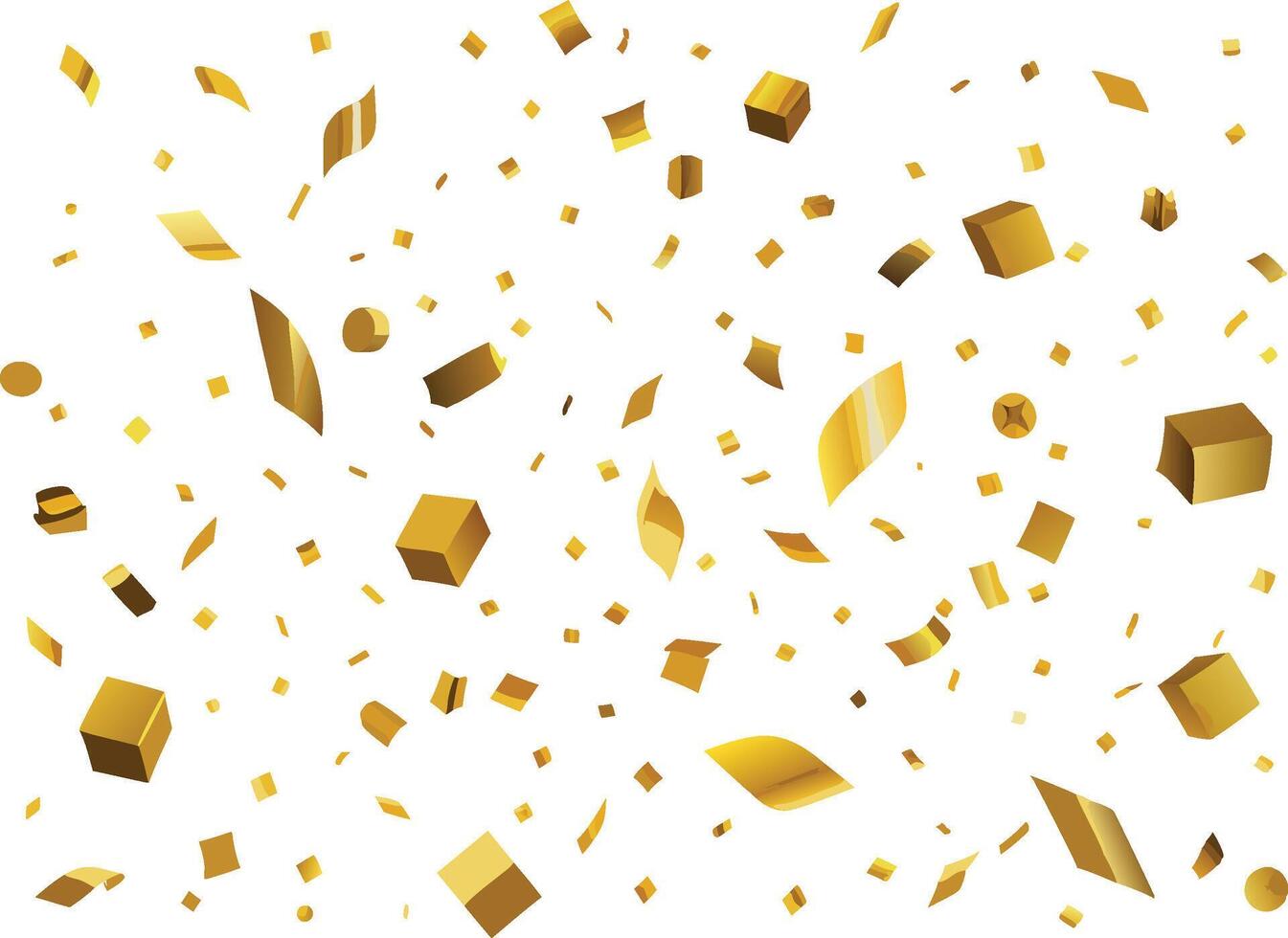 Golden confetti, abstract geometric shapes, 3D cubes, floating particles, celebration, festive atmosphere, minimalist design vector