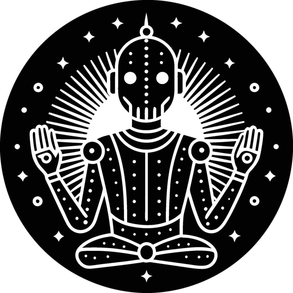 Mystical robot deity, geometric design, black and white, circular composition, stars and radiating lines vector