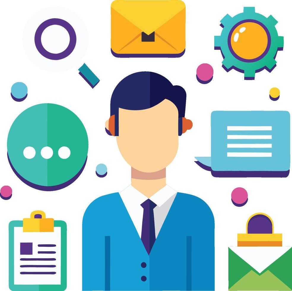 Flat design illustration, business icons, professional avatar, colorful geometric shapes, communication symbols, email envelope, vector