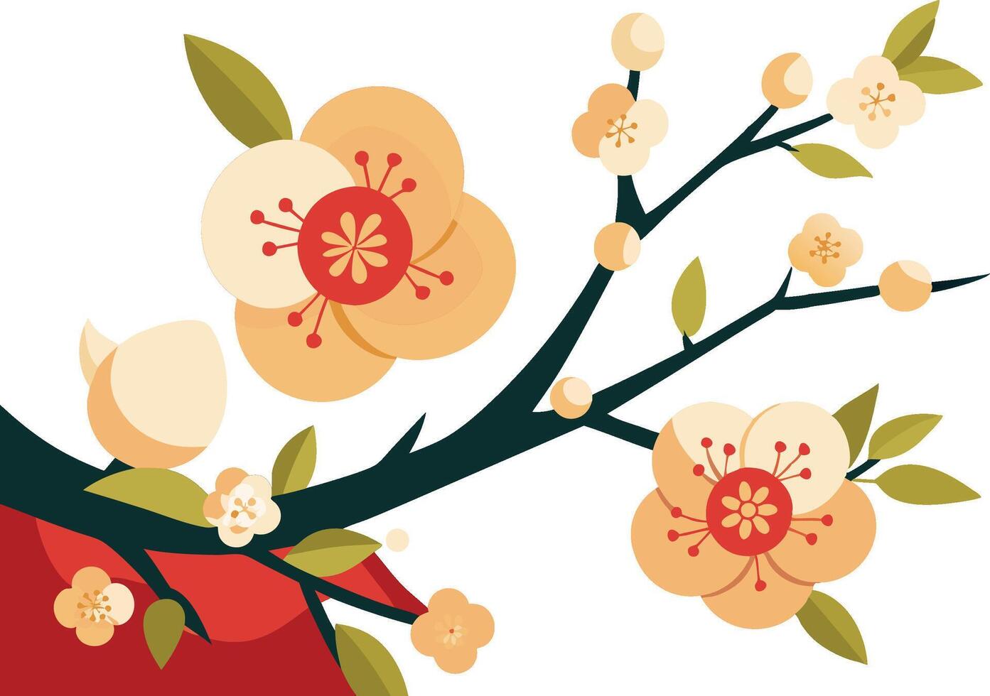 Japanese cherry blossom, stylized floral illustration, flat design, peach and red blossoms, green leaves vector