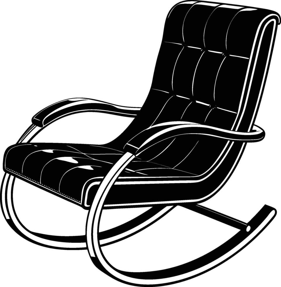 Sleek modern rocking chair, black leather upholstery, tufted cushions, chrome tubular frame, curved armrests vector