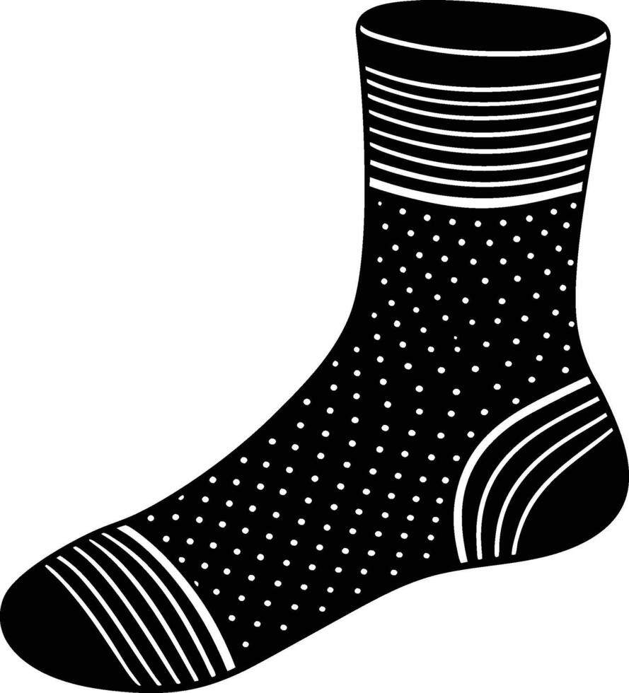 Black and white sock illustration, polka dot pattern, striped cuff and heel, geometric design, minimalist style vector