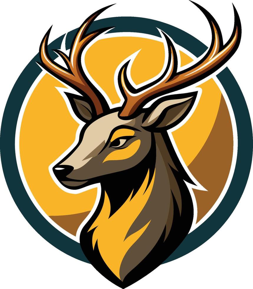 Stylized deer logo, art, circular emblem, majestic stag head, antlers, profile view, yellow and teal color scheme vector