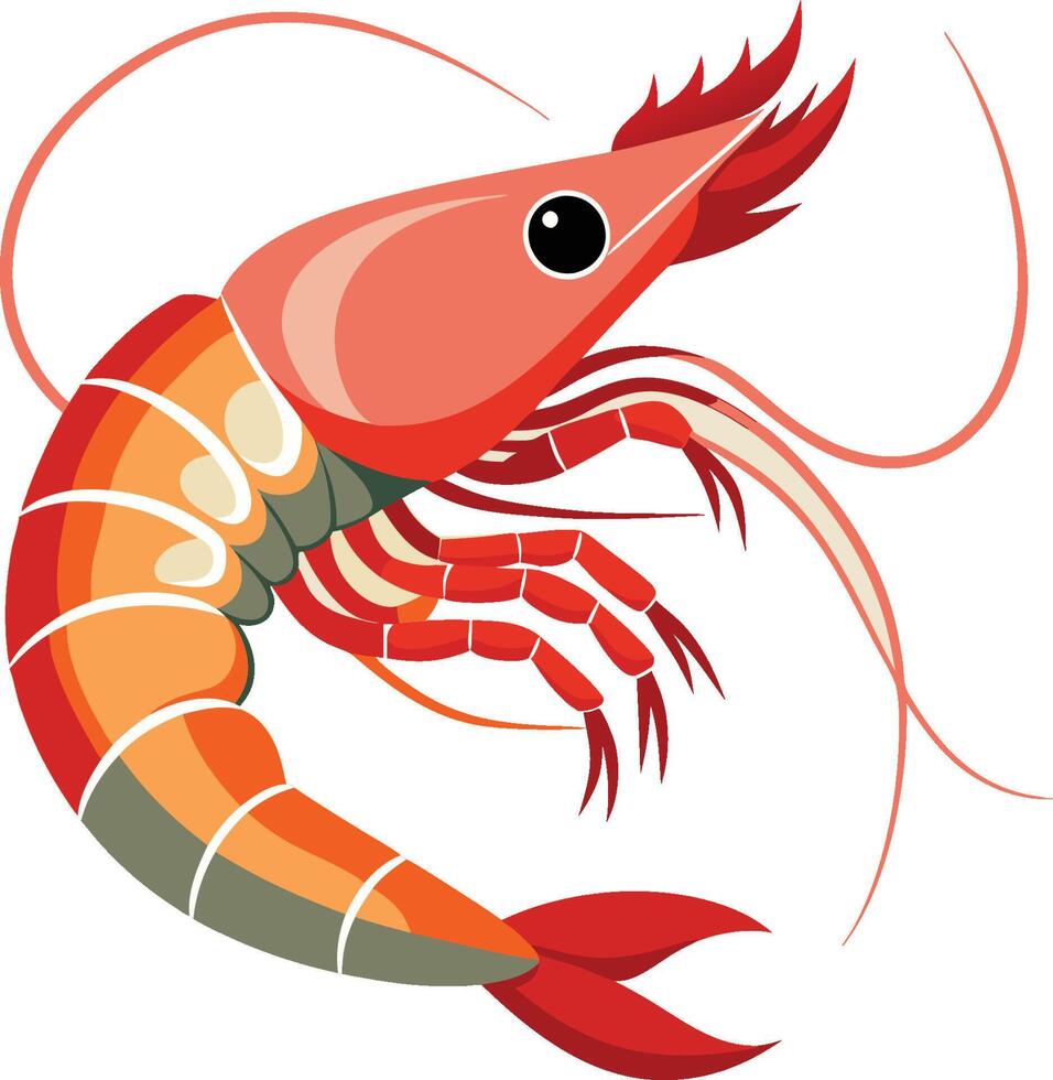 Cartoon shrimp, vibrant colors, red and orange, stylized illustration, seafood icon, art, minimalist design, curved shape, vector