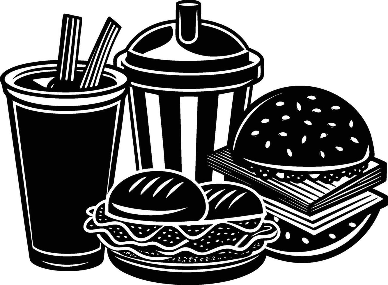 Black and white illustration, fast food collection, hamburger, cheeseburger, soft drink cup with straw, milkshake vector