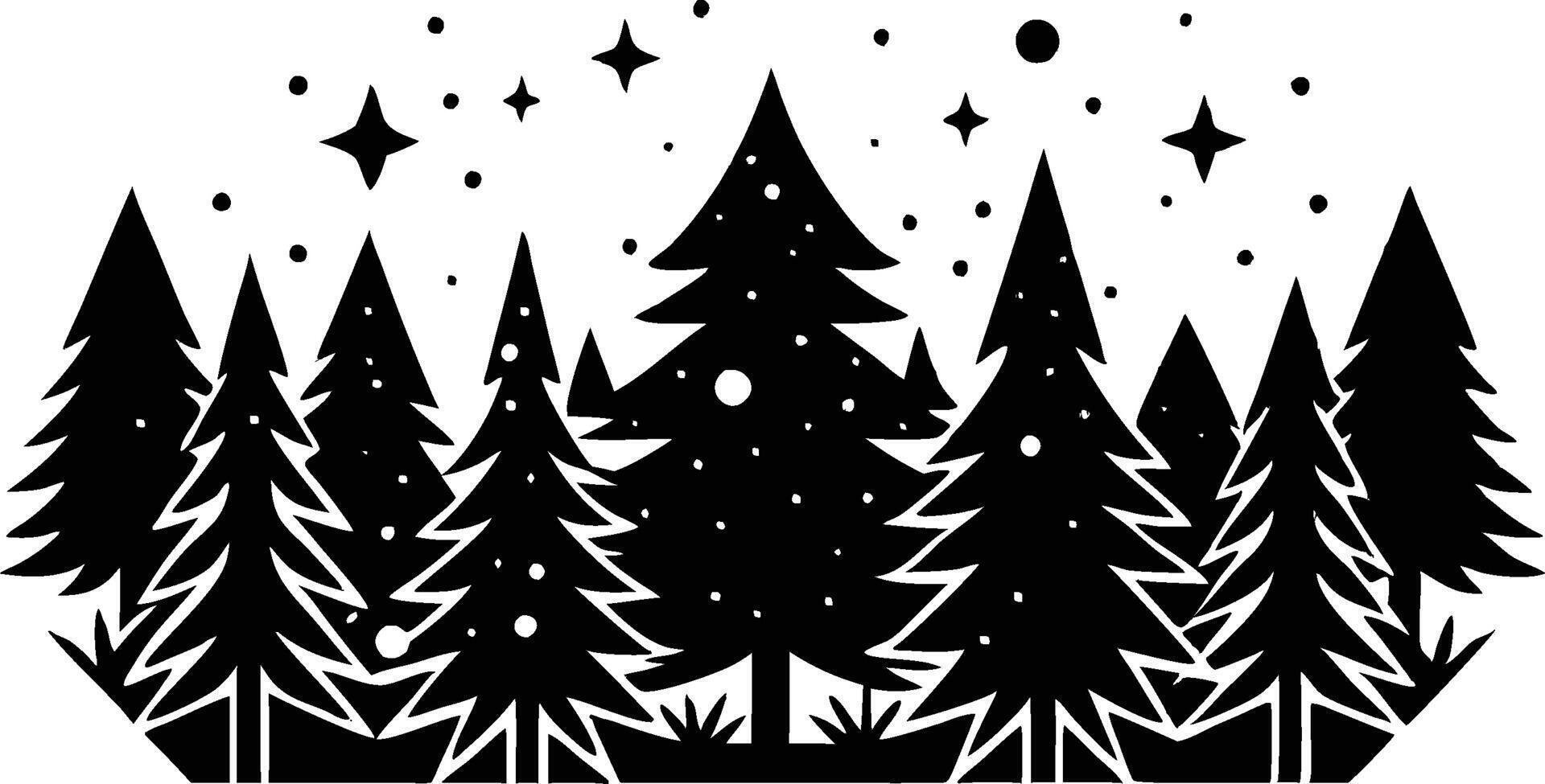 Winter forest silhouette, pine trees, starry night sky, black and white illustration, minimalist design vector