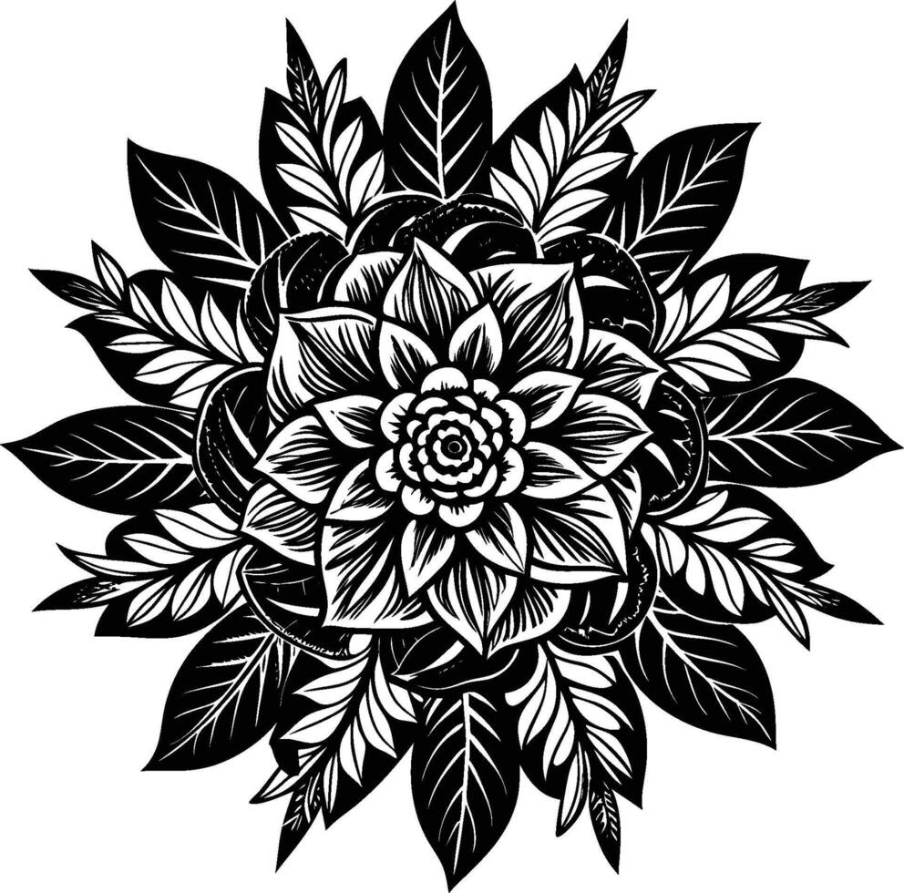 Intricate black and white floral mandala, detailed leaf patterns, symmetrical design, botanical illustration vector