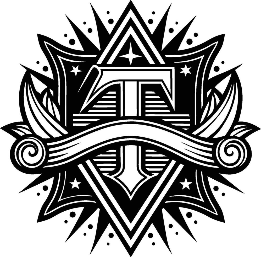 Black and white geometric logo, ornate symmetric design, star burst pattern, letter T emblem, Art Deco style, vector