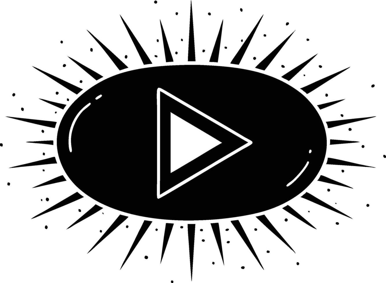 Black and white illustration, play button icon, oval shape, radiating lines, starburst effect, graphic design vector