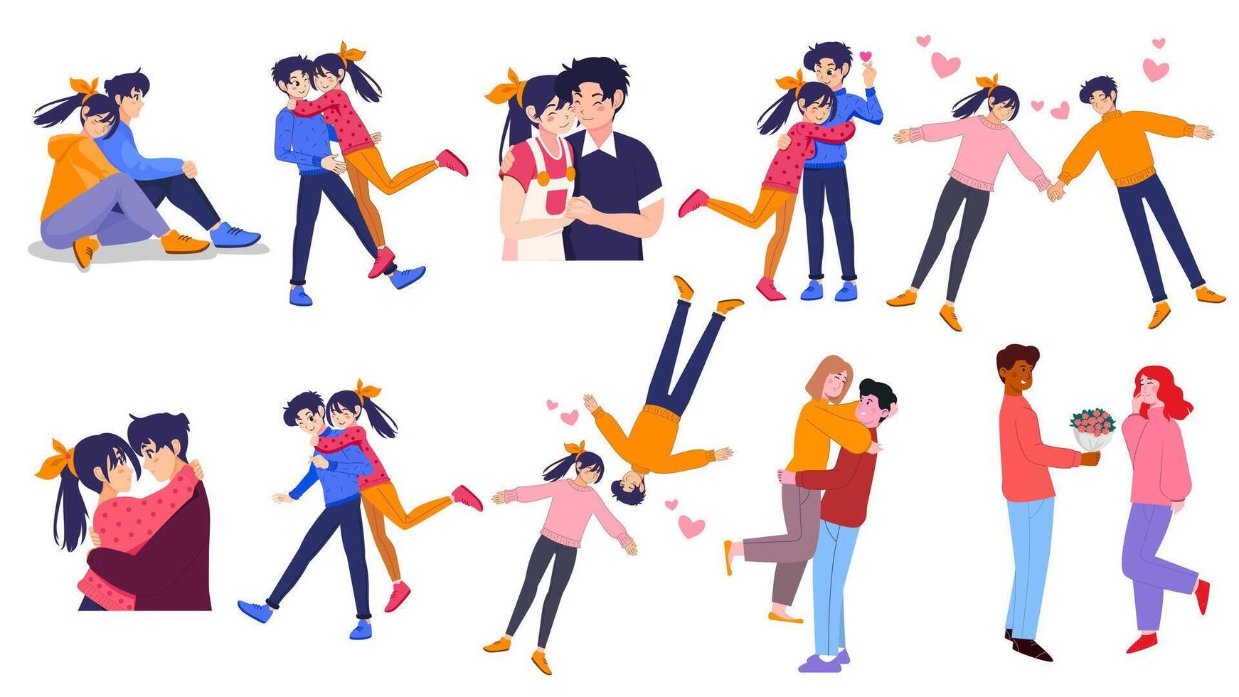 People in love collection. colorful cartoon flat illustration of diverse cartoon young people in different actions of happiness, falling in love and love sharing. Isolated on white background vector