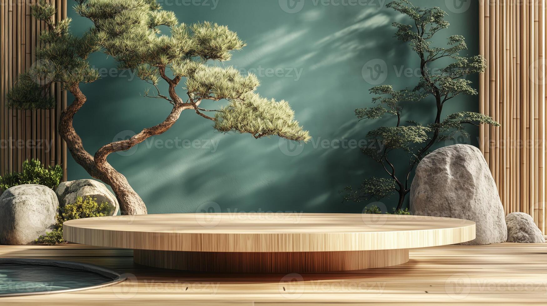 A bamboo podium for product display with an Asian background. 5 photo