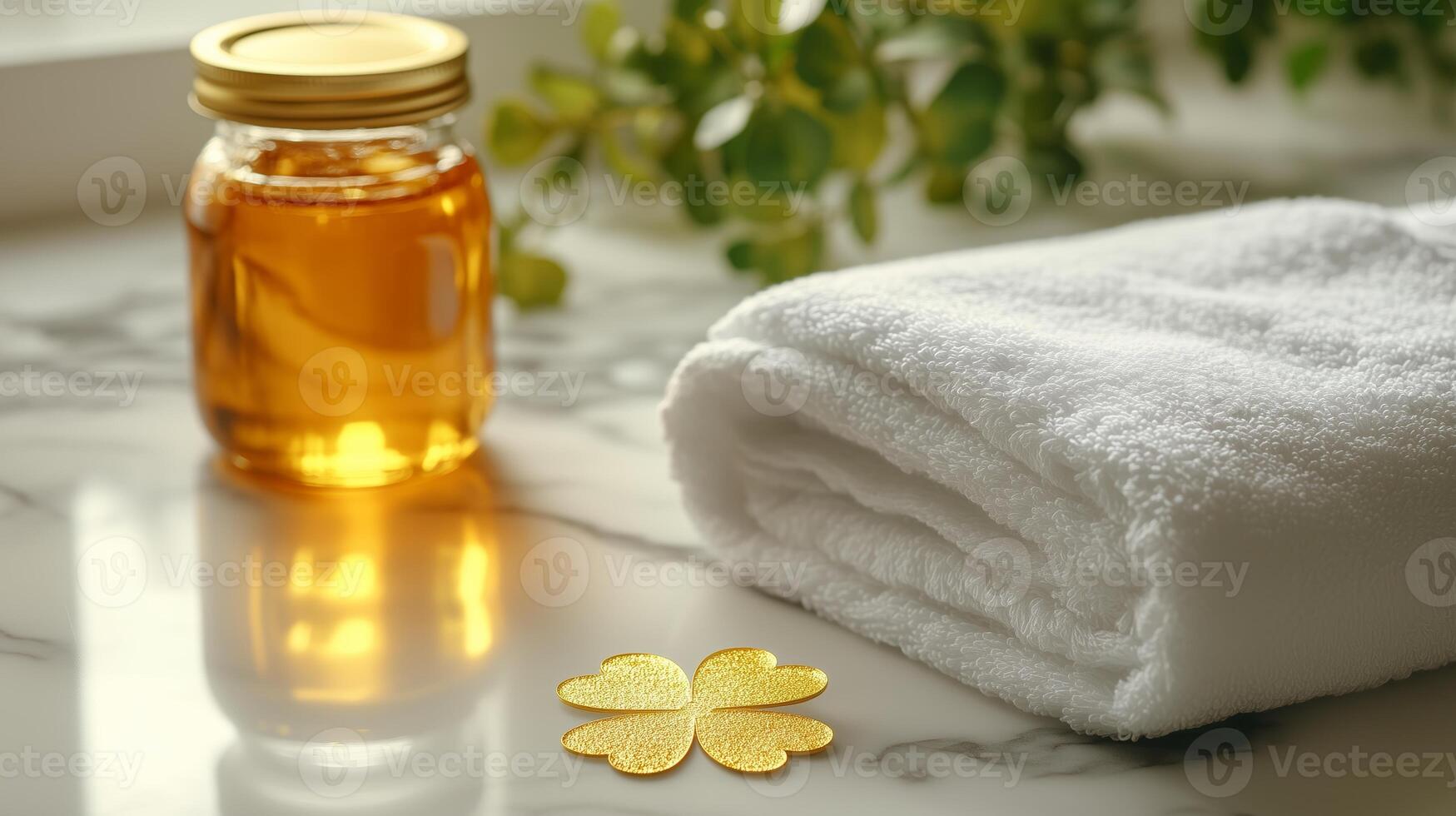 A blank white towel laying with a golden honey jar and clovers lying around it. 5 photo