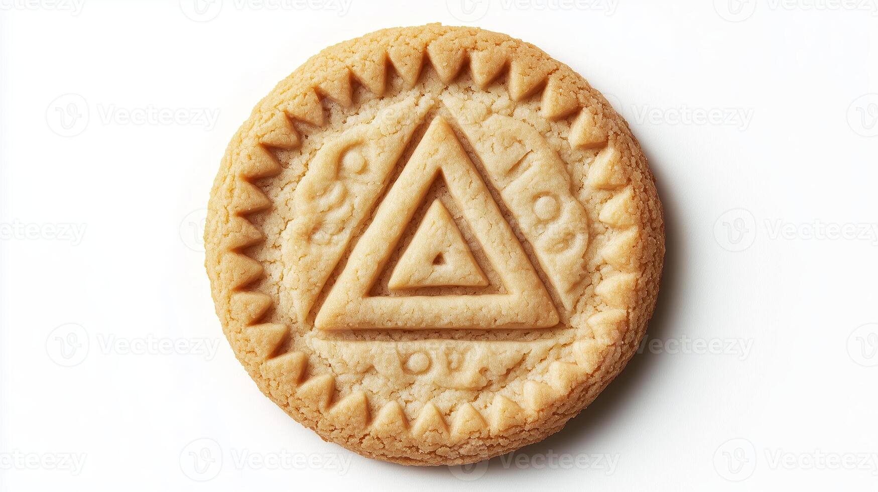 Circular cookie with the triangle simple icon on it, isolated on solid white background. 4 photo