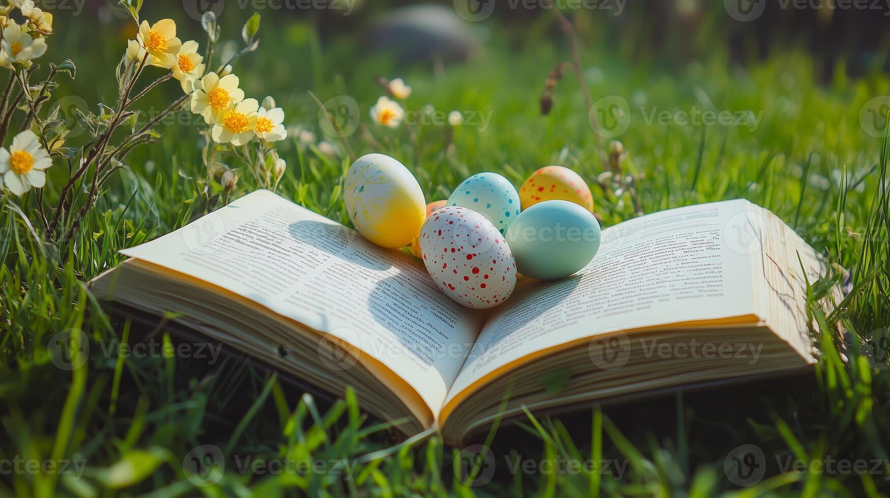 An open book with Easter eggs on the grass, flowers in the background. 7 photo