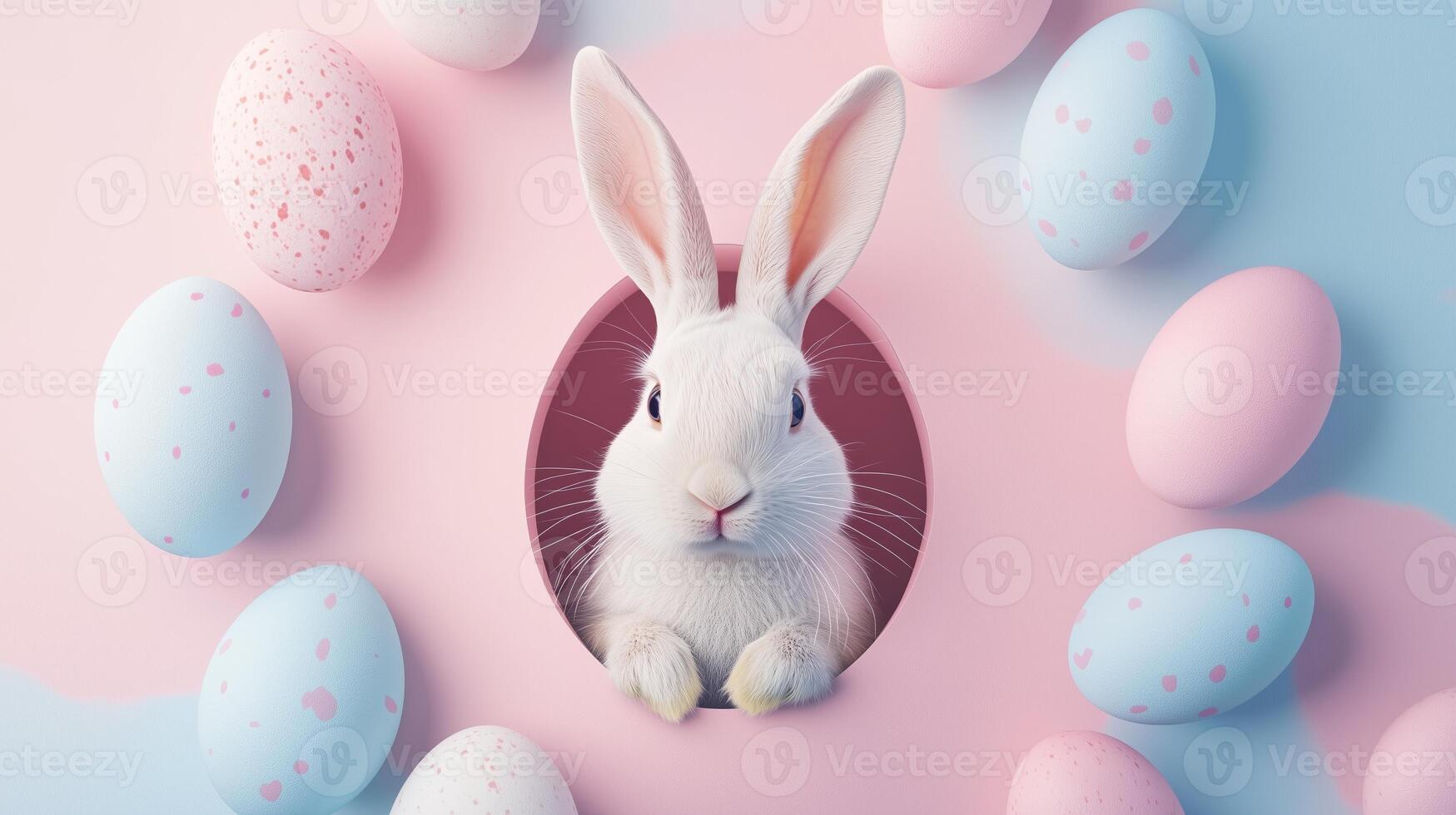 A bunny and ears sticking out of an egg-shaped hole in light and pastel colors, with eggs. 11 photo