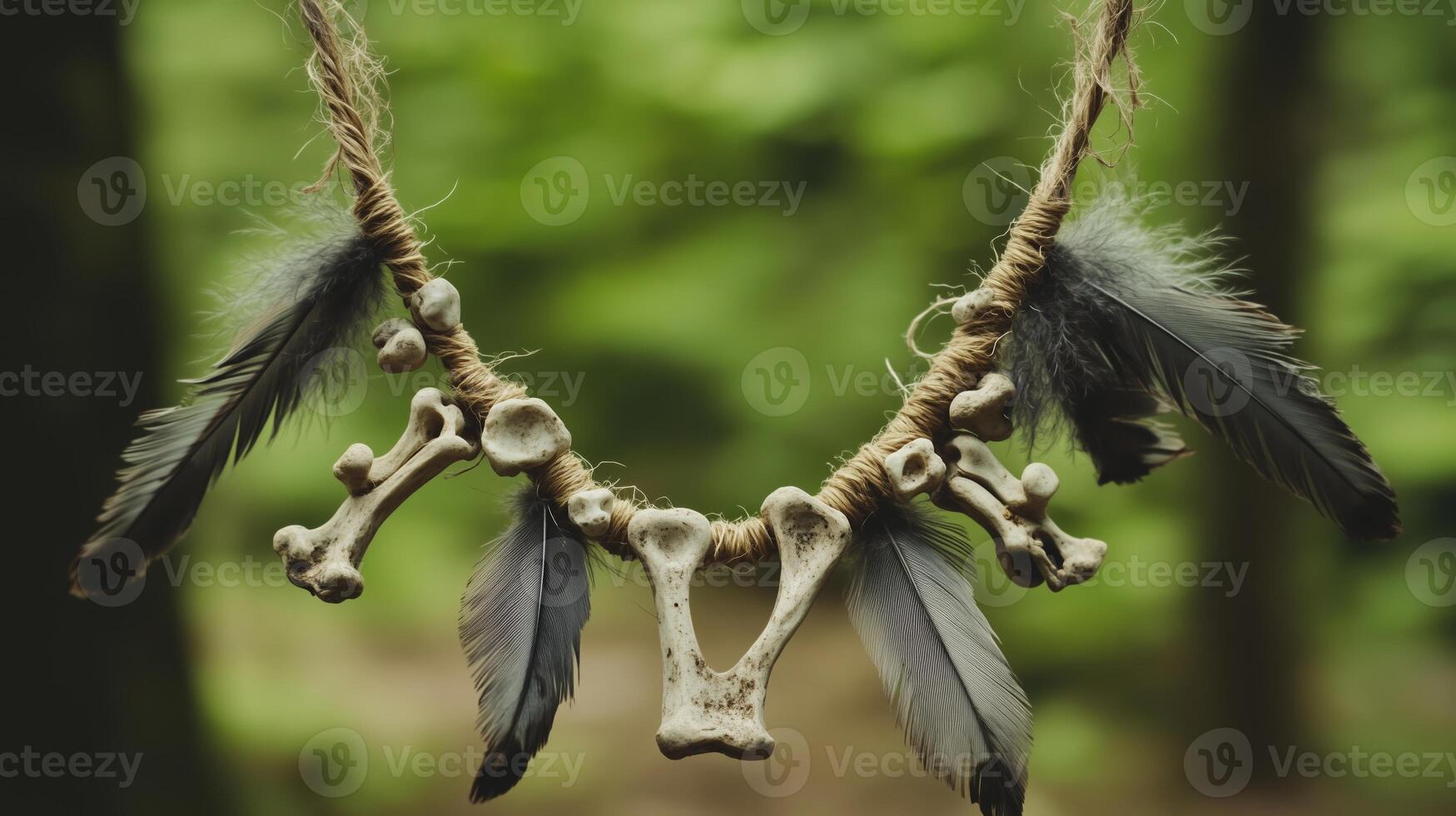 The necklace with weathered bones and dull gray feathers against a forest background. 6 photo