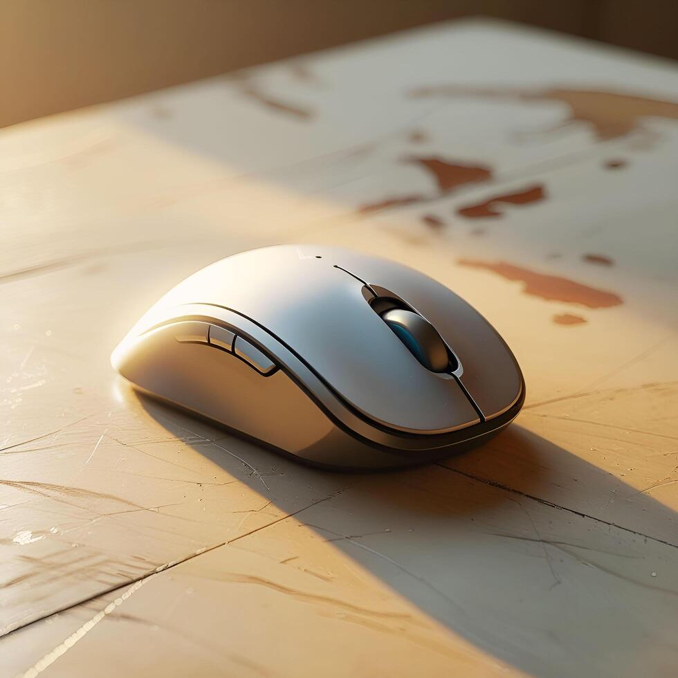 Computer Mouse and Keyboard on Wooden Office Desk photo