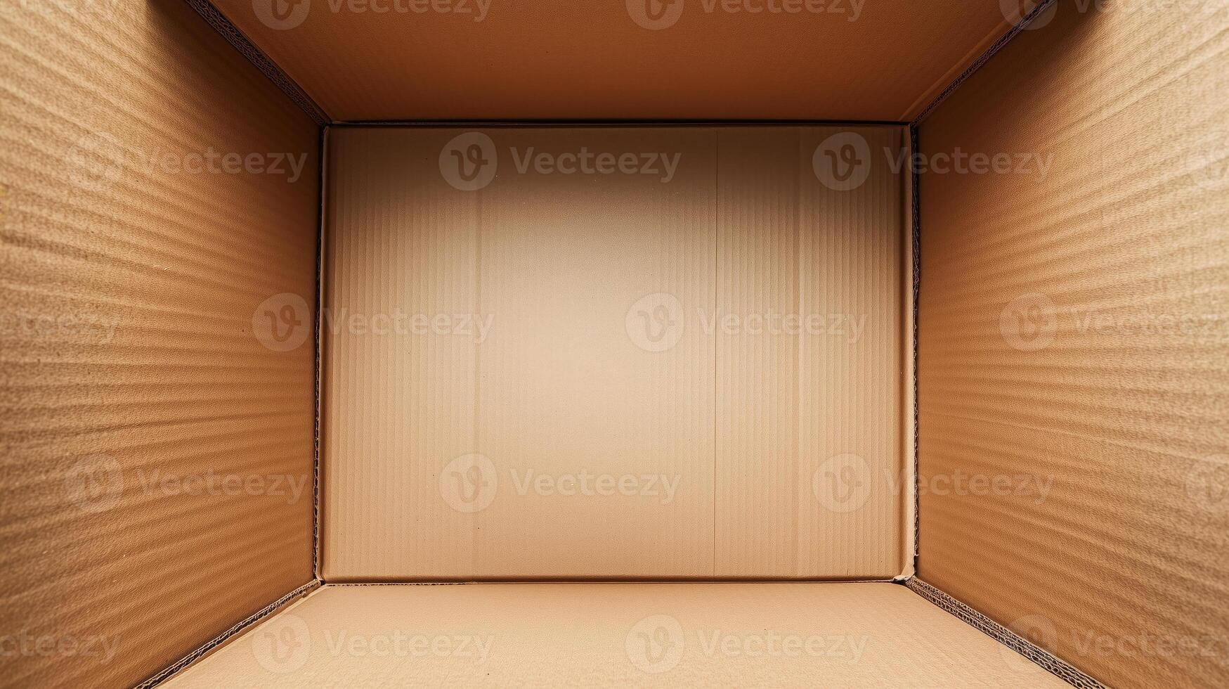 An open cardboard box with vertical deep walls viewed from the top. 12 photo