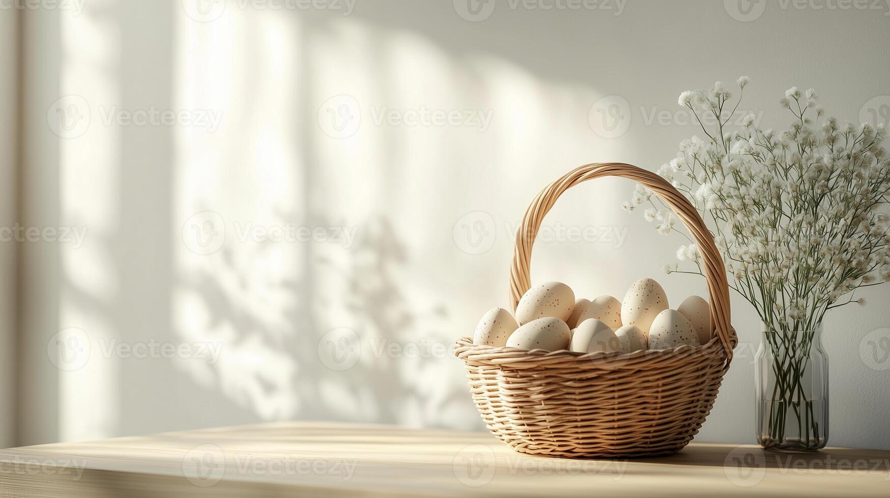 Simple white colored Easter background with an empty table and a basket of Easter eggs. 11 photo