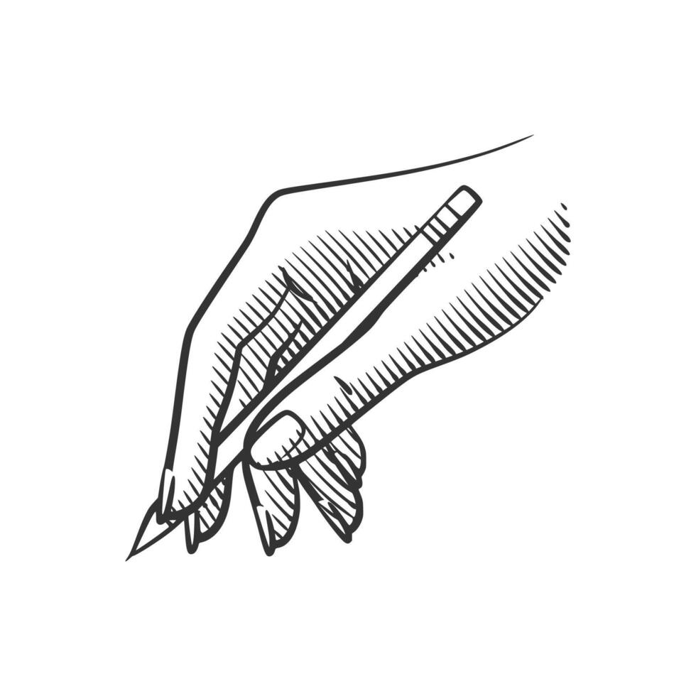 Realistic Hand Holding Pencil Line Art with Shading vector