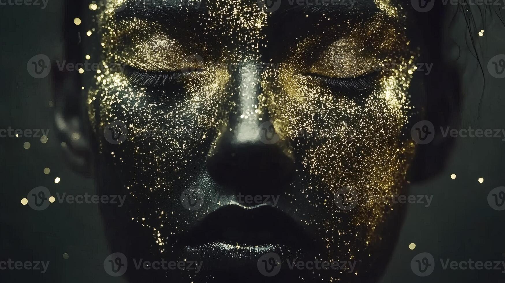 Woman's Face Covered in Glitter with Closed Eyes in Dark Ambiance photo