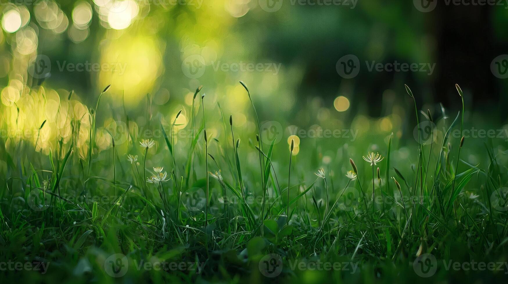 Green Grass Field with Sunlight Filtering Through Trees in Background photo