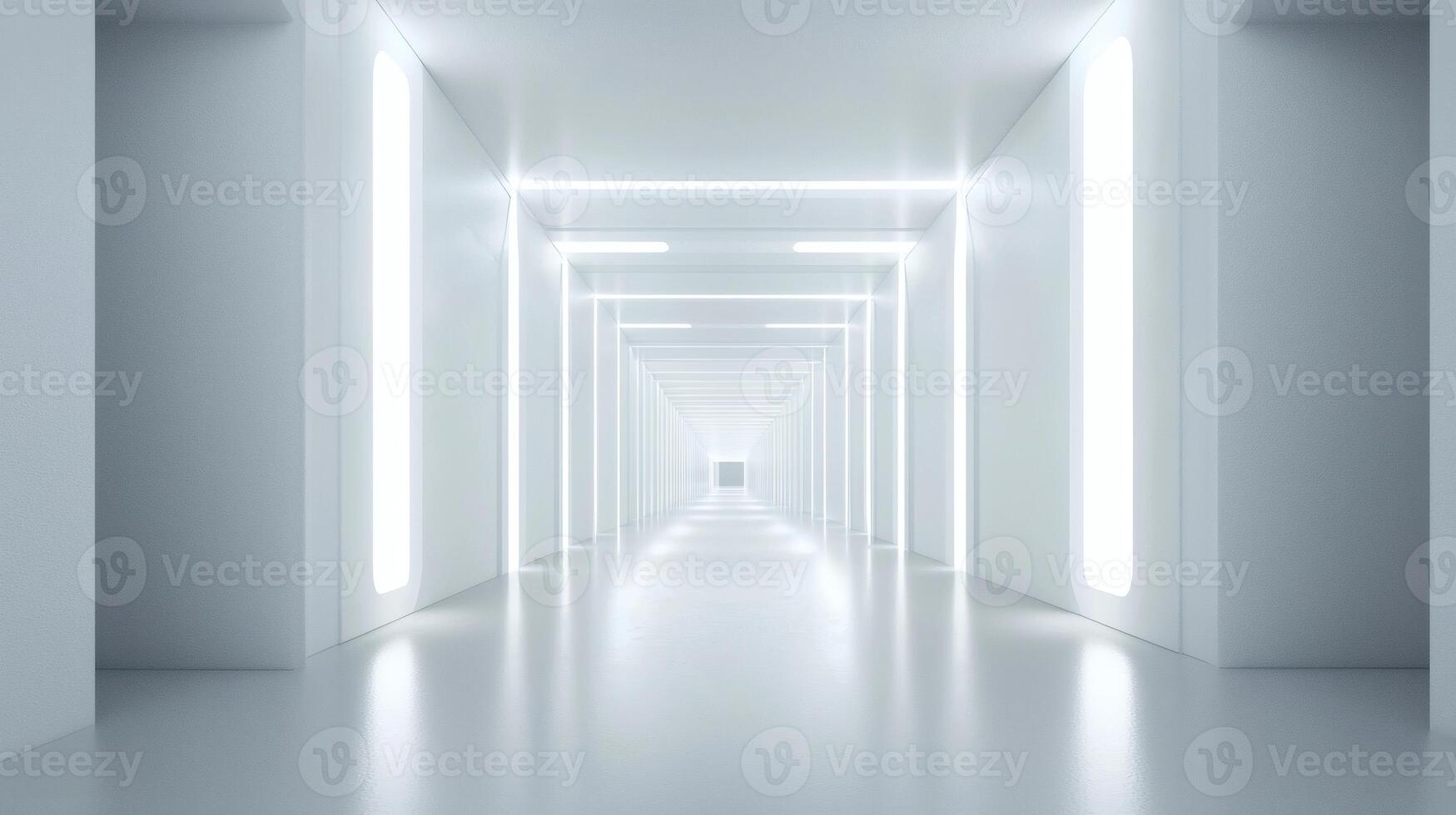 Endless White Corridor with Modern Lighting Creating a Futuristic Ambience photo