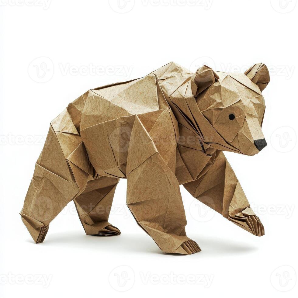 A realistic origami bear is displayed, skillfully crafted from brown paper. The intricate folds and angles highlight craftsmanship, making it a stunning representation of wildlife and art. photo