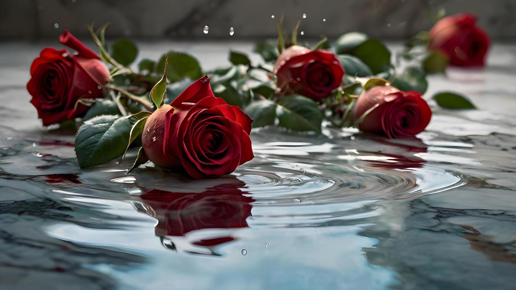 Elegant Red Roses on floor Water Reflection and Dew Drops on roses photo