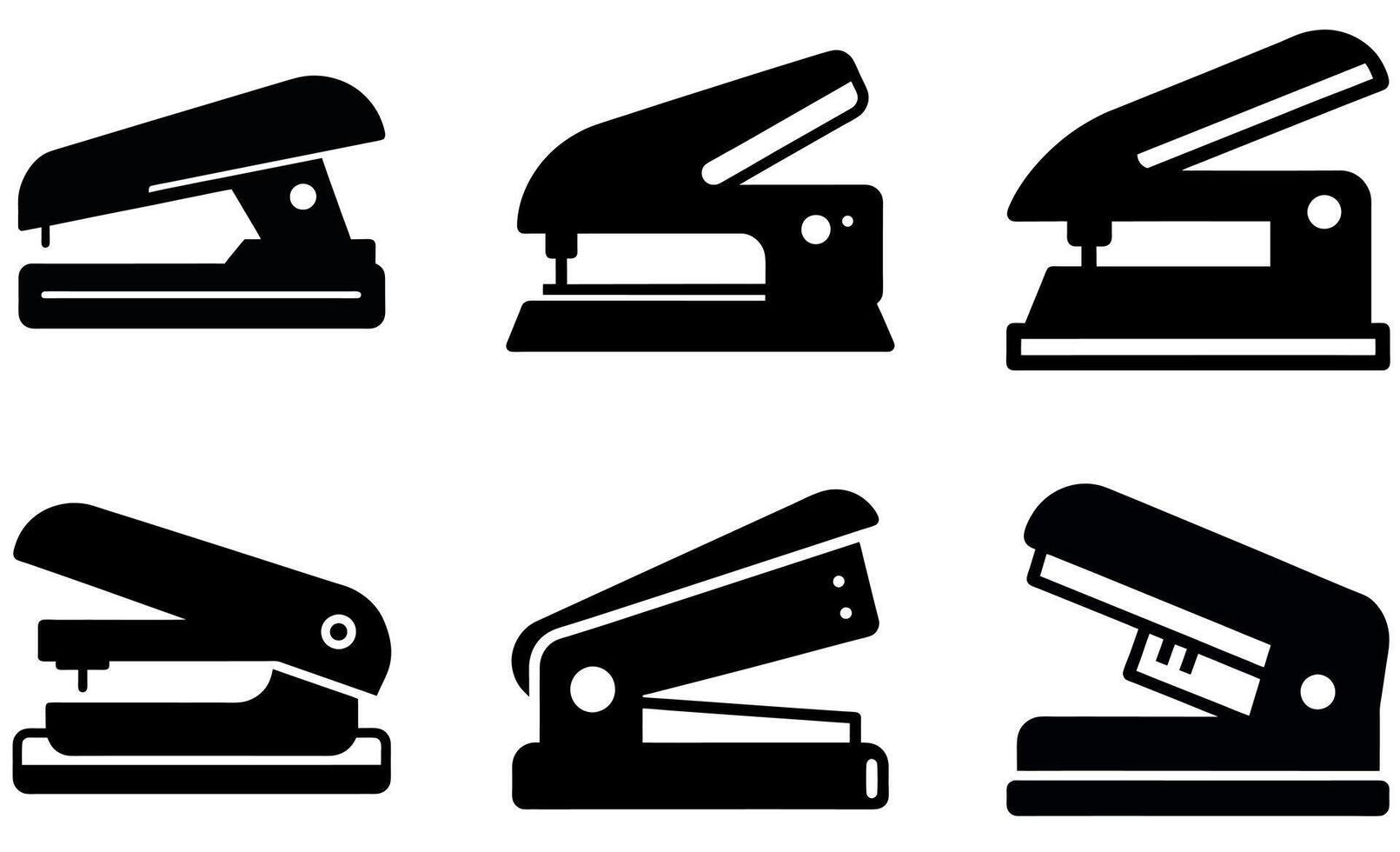 This image displays six black and white icons of staplers and hole punchers. vector
