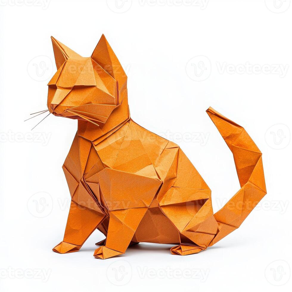 A beautifully crafted origami cat made from vibrant orange paper showcases intricate folding artistry. This decorative piece highlights the creativity and skill involved in paper folding. photo