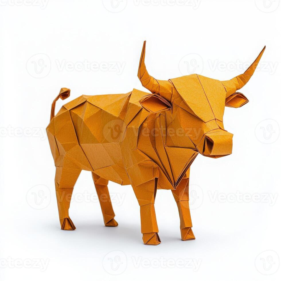 A detailed origami figure of a bull made from bright orange paper stands proudly. The sculpture highlights the intricate folds and geometric shapes that define the animals form. photo