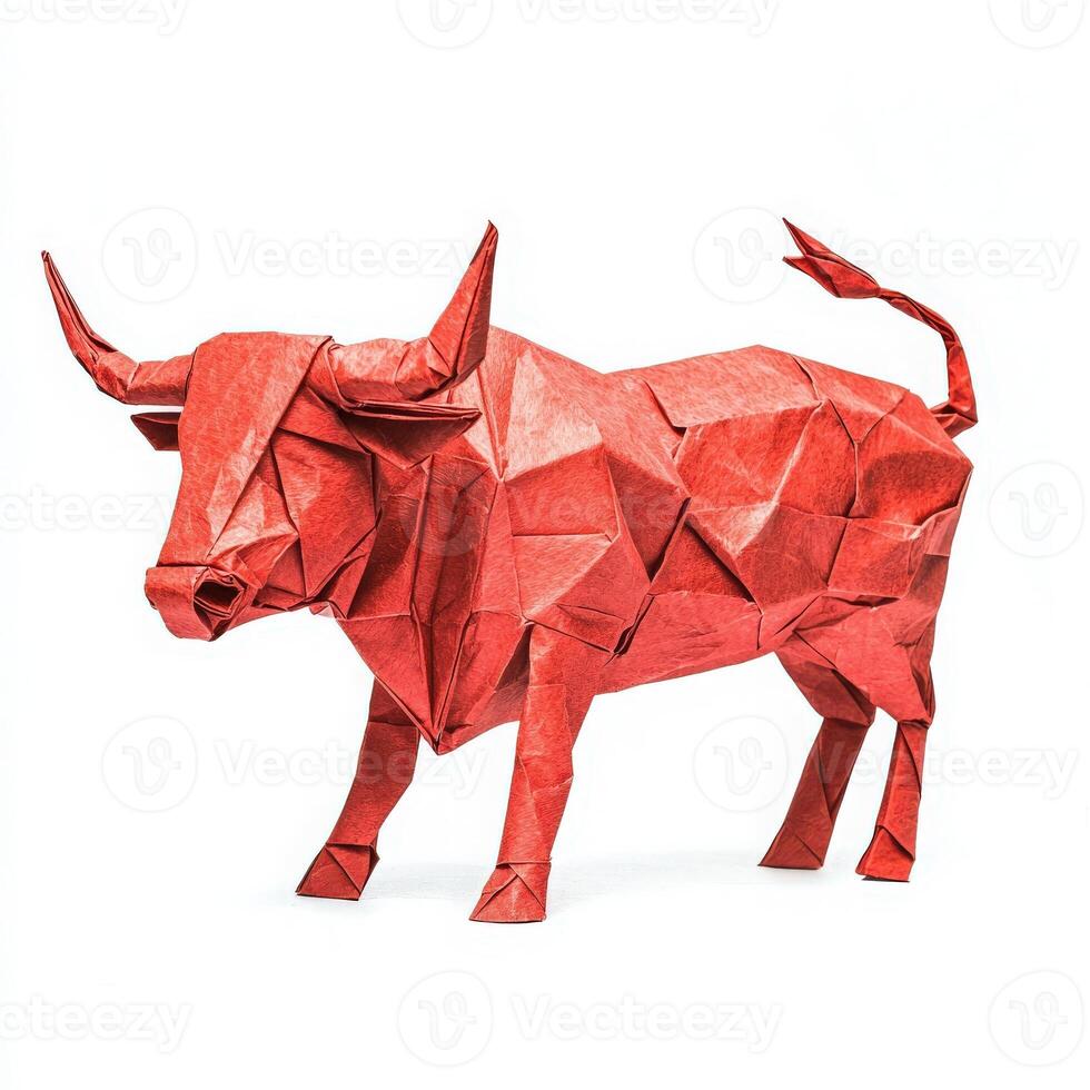 An intricate origami creation, a bright red bull, showcases the art of paper folding. The design emphasizes geometric shapes and sharp angles, highlighting skillful craftsmanship. photo