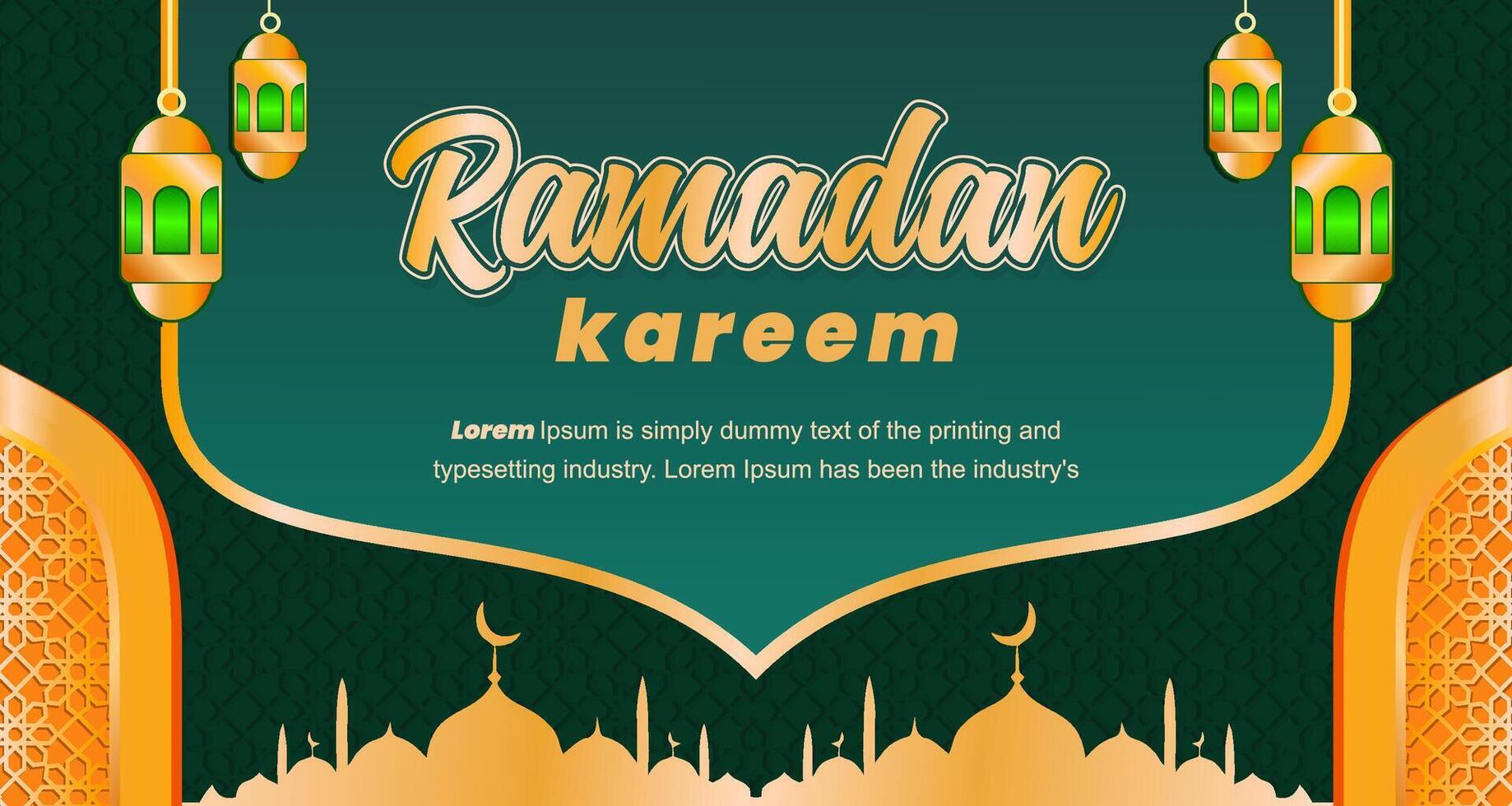 Ramadan Kareem background with gold and green color luxury style illustration for Islamic holy month celebrations decorated with lantern and mandala arabesque vector